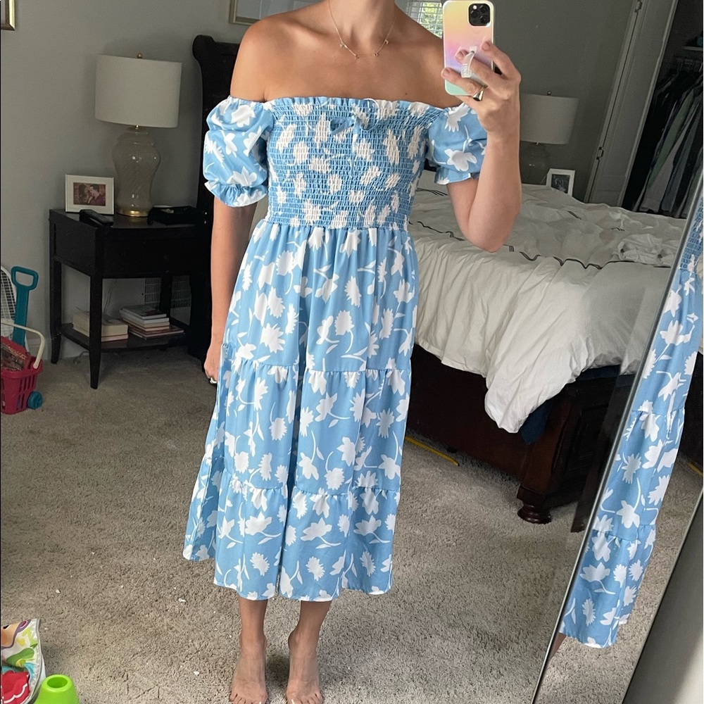 Sunday Up Blue floral off the shoulder dress SMALL